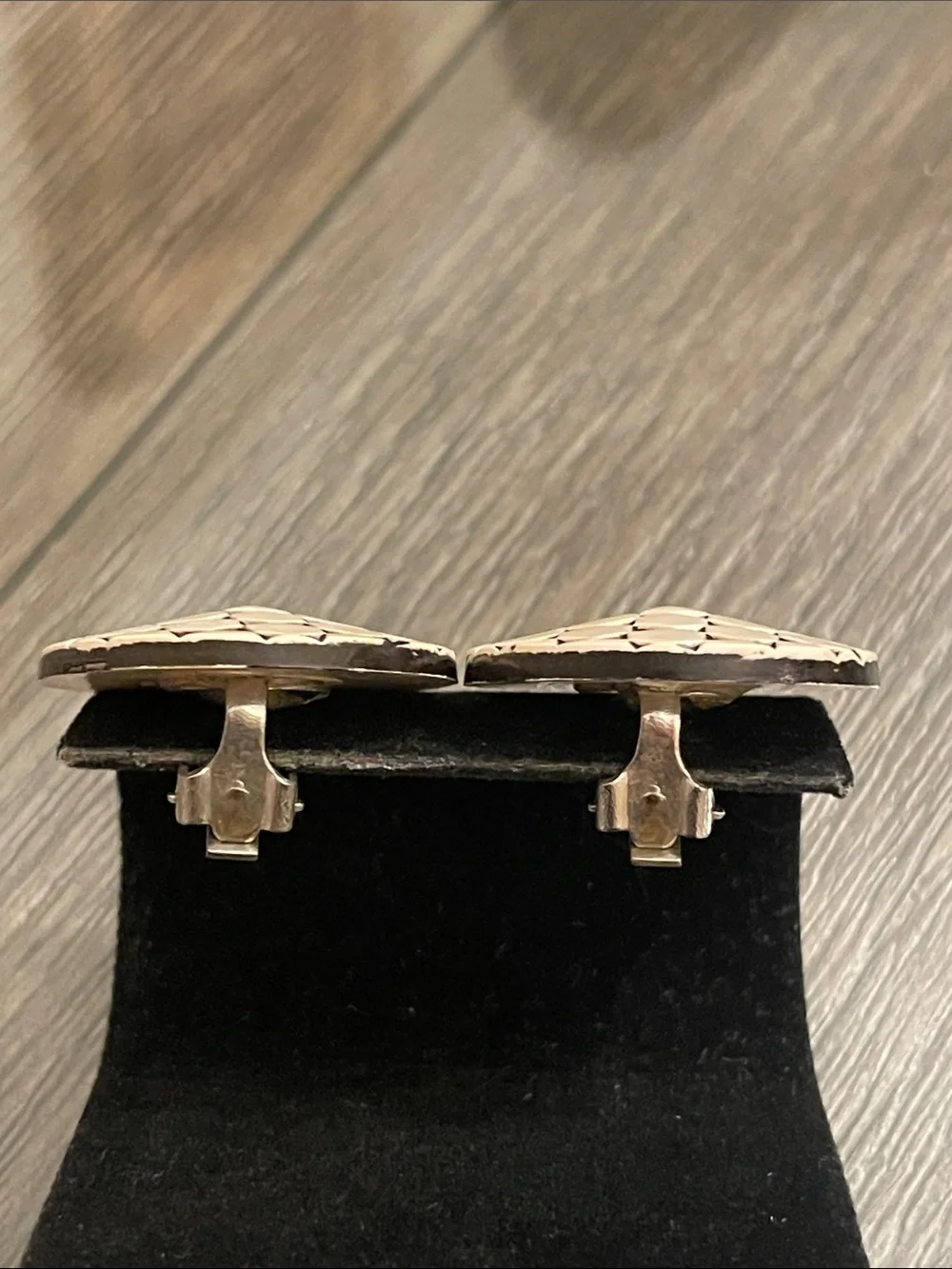 Vintage Round Button Clip Earrings with Geometric Pattern
